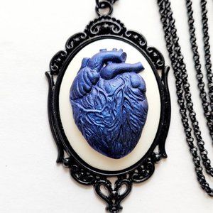 Blue Iridescent Heart Anatomy Goth Black Necklace